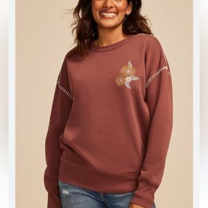 Maurices Whipstitch Embroidered Sweatshirt Rust Floral Relaxed Fit 2X Cozy